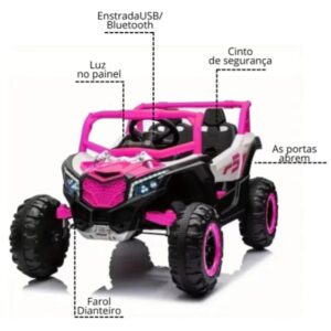 UTV Bang Toys Elétrico Infantil Rockstorm 12V Portas que Abrem, Suspensão, Luzes de LED, Entrada USB/MP3, Controle Remoto – Rosa
