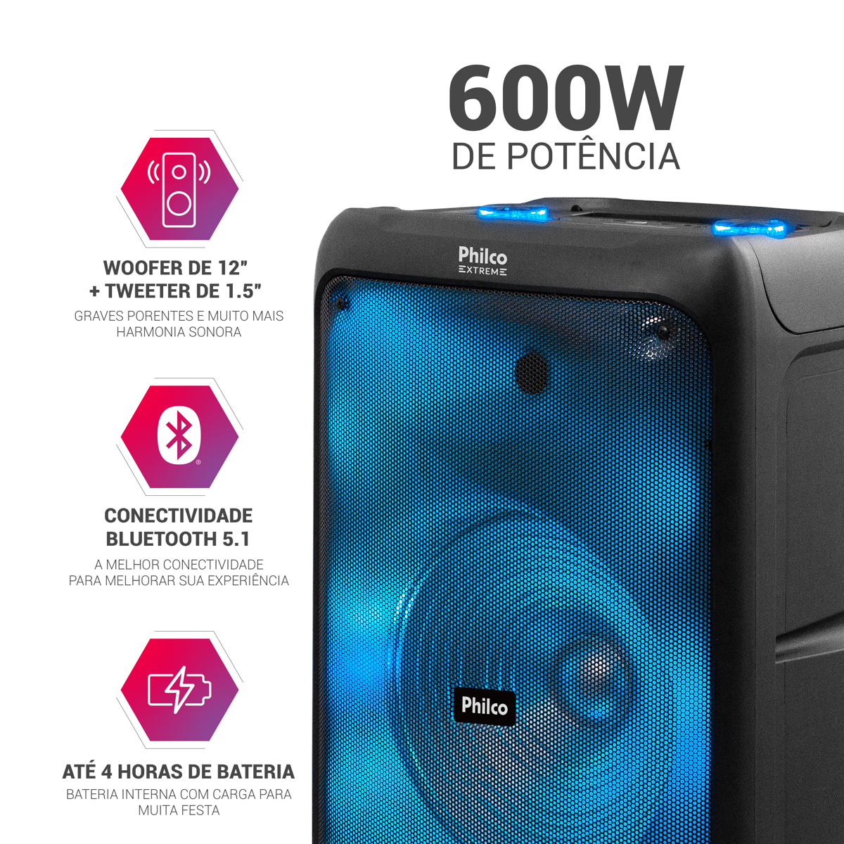 Caixa de Som Amplificada Philco Bluetooth v5.1 600W PCX5200