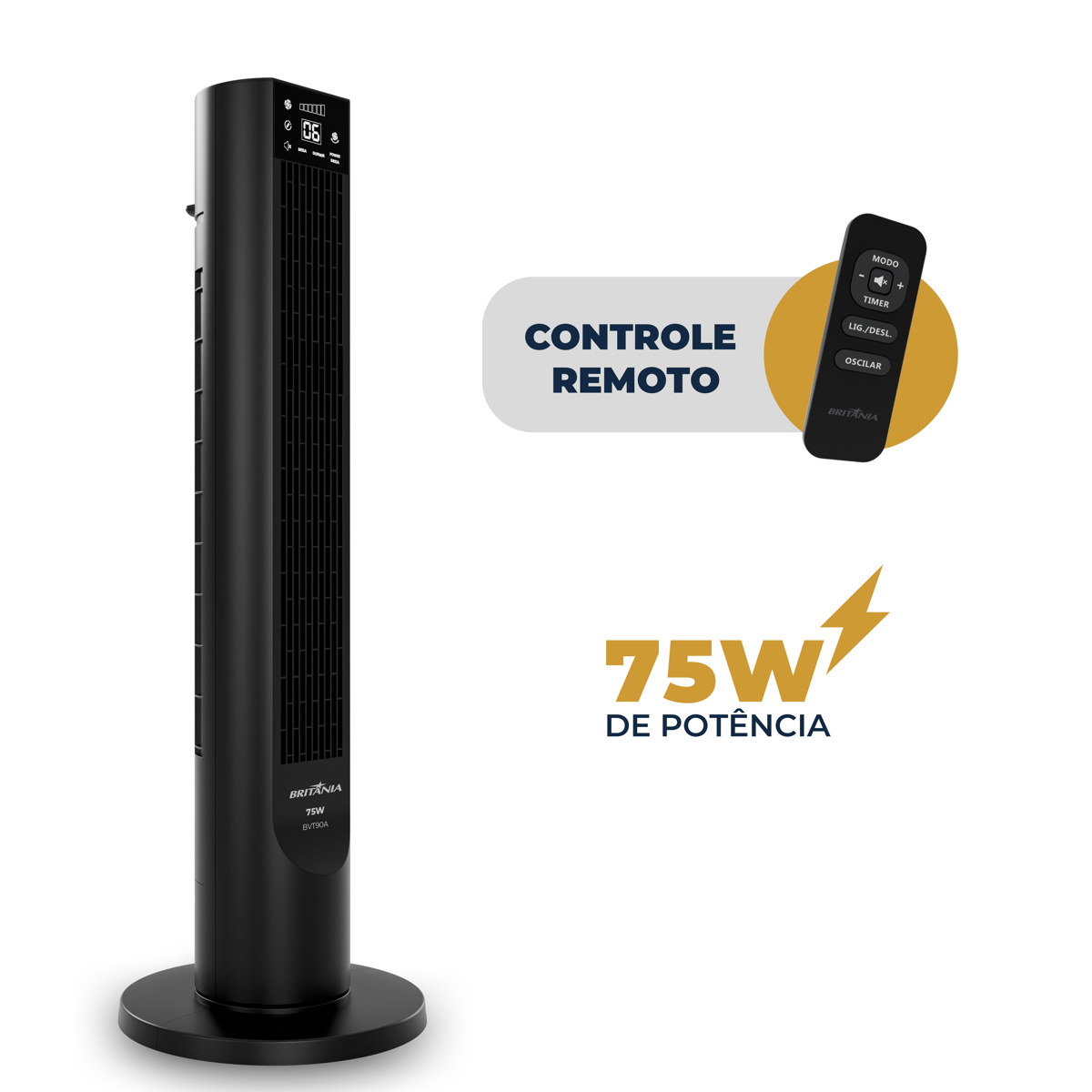 Ventilador Torre Britânia Painel Touch 75W BVT90A